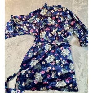 Vintage California Dynasty Satin Floral Navy Pink Kimono Style Robe Women Large